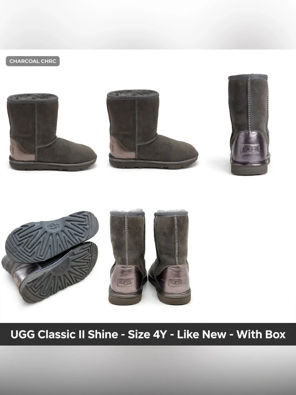 UGG Kids' Classic II Shine Boots Charcoal Size 4Y - Excellent Condition - Origin